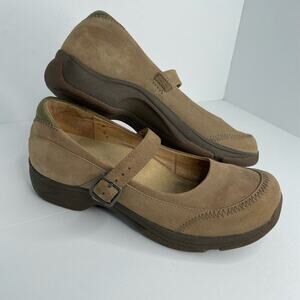 Dansko Womens 9.5 Kate Mary Jane Clog Stone Tan Nubuck Olive Slip Resist Comfort